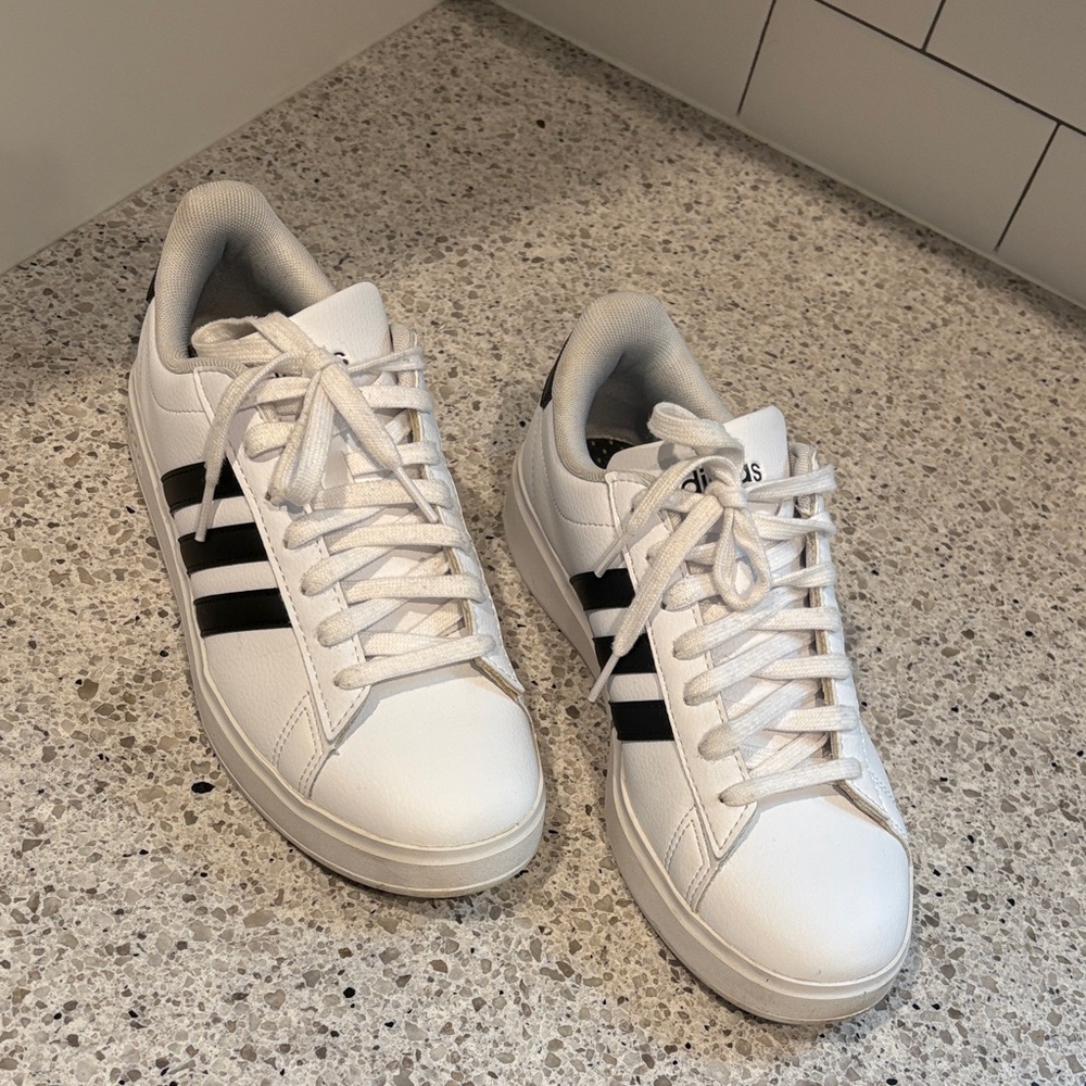 Adidas White Sneakers with Black Stripes